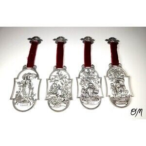 SKS Vtg German Pewter Four Season Wall Plaques with Maroon Ribbon - Set of 4